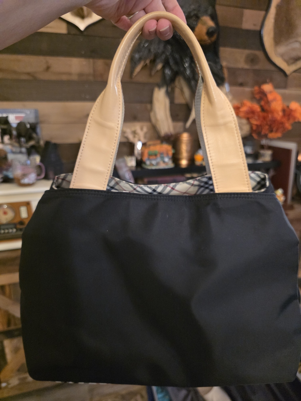 Vintage Burberry Blue Label Black Tote Bag with Beige Handles